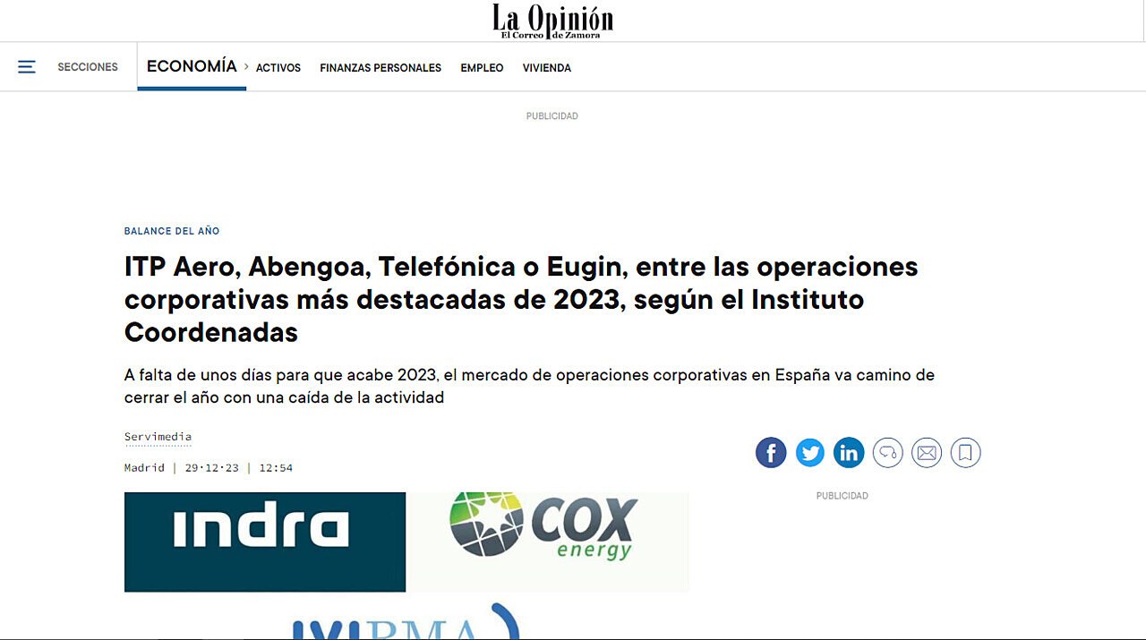 ITP Aero, Abengoa, Telefnica o Eugin, entre las operaciones corporativas ms destacadas de 2023, segn el Instituto Coordenadas